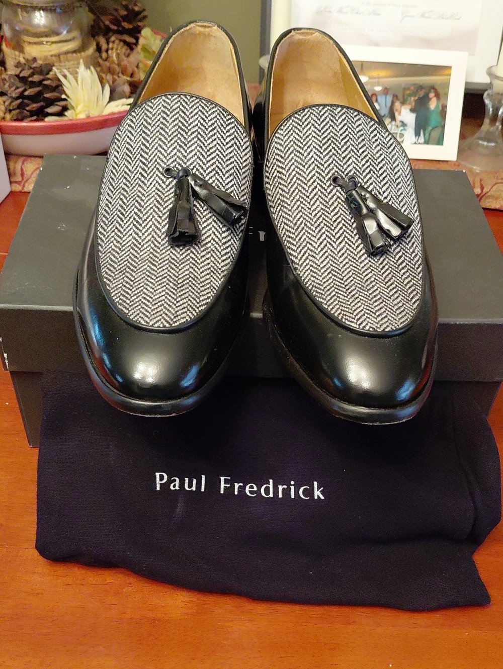 Paul Fredrick Black Leather Tassel Loafers with Gray Herringbone Vamp. Sz 12